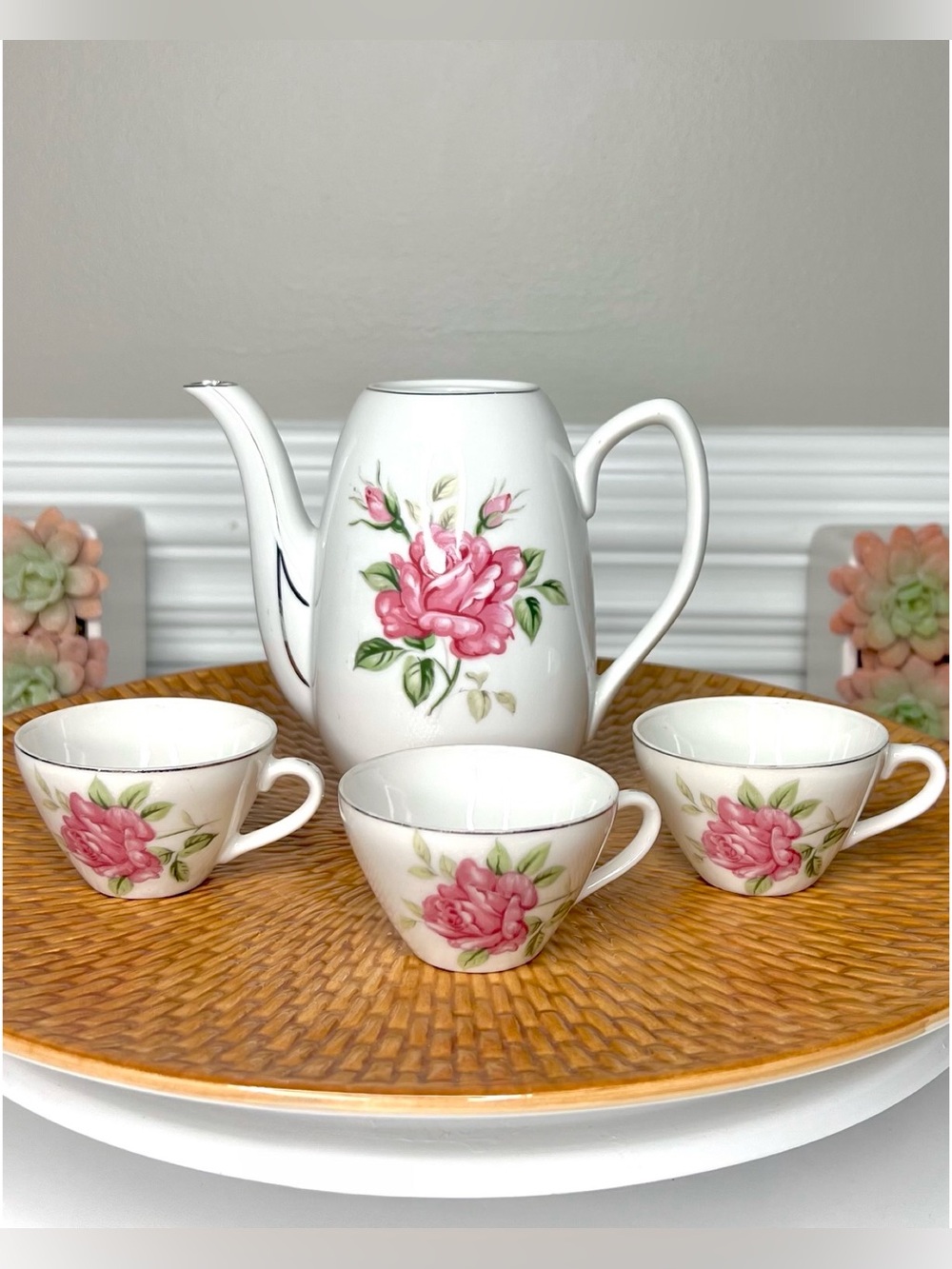 Vintage Miniature Japan White/ Pink Rose Porcelain Tea Set